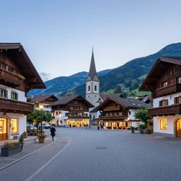 High-quality DSLR photo of the main square of a traditional Swiss village at dawn, wide-angle lens, warm lighting, long shadows, beams of sunlight