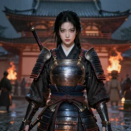 portrait black hair samurai girl, armored samurai wardrobe, in fired honnoji temple rainy night, ssci - fi and fantasy, intricate and very very beautiful and elegant, highly detailed, digital painting, artstation, concept art, smooth and sharp focus, illustration, art by tian zi and wlop and alphonse mucha