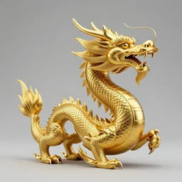 a studio photo of a golden dragon statue designed by yoshitaka amano