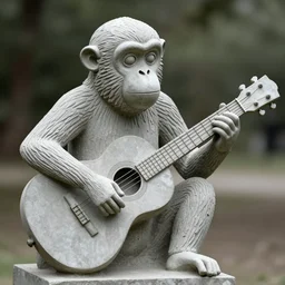 a concrete statue of a monkey playing the guitar