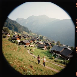 kodak portra 4 0 0, wetplate, extreme fisheye, award - winning colour portrait by britt marling : sunlit view of a mountain village haze, people