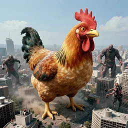 still image taken from sci fi horror movie of giant chicken and monster attack the city. low camera angle. 1 9 6 0. aerial shot
