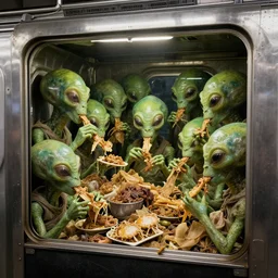 hyperrealism detail photo of subway garbage car full of aliens eating old food, deep displacement, back light, reflections, raytracing, raymarching, subsurface scattering, textures by bernie wrightson, render by lucasfilm