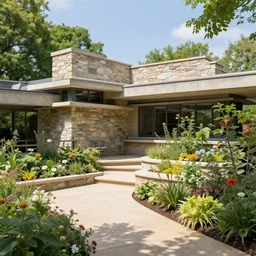 small award winning patio designed by frank lloyd wright, with award winning stone work, lots of plants and flowers, on a sunny day, photo