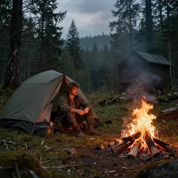 an epic fantasy adventurer's tent left alone with a smoldering camp fire, 4 k, extremely detailed. award winning, trending on artstation, 8 k, ultra wide angle