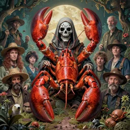 highly detailed surreal vfx portrait of a lobsterpunk grim reaper, stephen bliss, unreal engine, greg rutkowski, loish, rhads, beeple, makoto shinkai and lois van baarle, ilya kuvshinov, rossdraws, tom bagshaw, alphonse mucha, global illumination, detailed and intricate environment