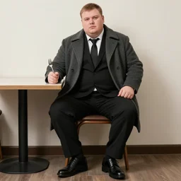 realistic photo: Clean-shaven white chubby man wearing a black suit and necktie and gray overcoat and black shoes sitting at a table holding a fork