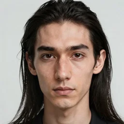 face portrait a thin man with long black hair, curtain haircut, a large hooked nose, dark penetrating eyes, highly detailed, digital art