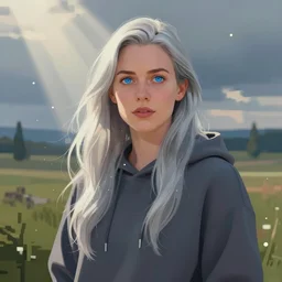 portrait of natalie dormer, long silver hair, blue eyes, wearing a hoody, digital painting, 4 k, rays of light, particles light, artstation, kuvshinov ilya, landscape by noah bradley, pixel art