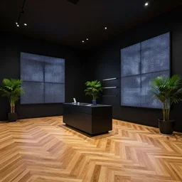 hyperdetailed samsung store. brutalist, dark, stark. oak parquet, black walls, digital walls, plants
