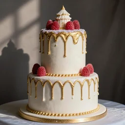 elegant porcelain raspberry wedding cake dripping fondant, stylized, sparkling, glitter, gilding, ornate, sylvain sarrailh, artstation