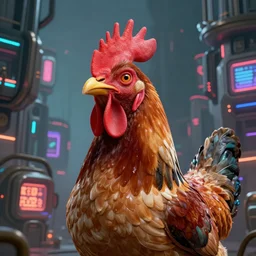 a creature with head of human man and body of a chicken, hypertechnological world in the background, steampunk, cyber city, neon light, matte paiting, hyper detailed, artstation