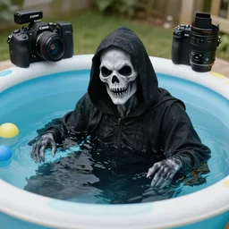 grim reaper inside a kiddie pool, very detailed, very realistic, photograph, 5 0 mm, canon, nikon, zeiss lens, editorial, perfect composition, perfect lighting, 4 k