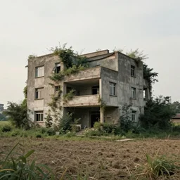 a old brutalist house, the house has overgrown vegetation, the house stands in a agricultural landscape, art by filip hodas, cinematic, award winning