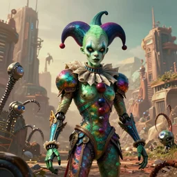 a photo of 8 k ultra realistic corrupted lovecraftian emerald humanoid jester standing next to an earth - tone solarpunk city, robot tentacles, ornate rainbow armour, cinematic lighting, trending on artstation, 4 k, hyperrealistic, focused, extreme details, unreal engine 5, cinematic, masterpiece