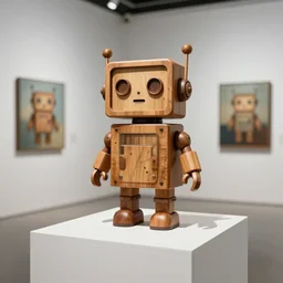 ultra realistic 8k octan photo, wooden vinyl art toys on piedestal cute robot on a contemporary art gallery