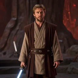 ryan gosling as Obi-Wan kenobi standing on mustafar star wars revenge of the sith movie still medium shot 65mm