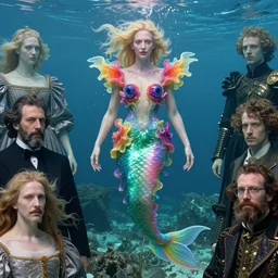 a fashion editorial of cate blanchet as a brightly colored mermaid amphibian hybrid with wet translucent skin underwater. wearing an growing organic exosuit. by tom bagshaw, donato giancola, hans holbein, walton ford, gaston bussiere and peter mohrbacher. 8 k, cgsociety
