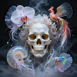 3 d close - up portrait of the iridescent goddess skull in midsommar style surrounded by smoke and water energy flow mixed with jellyfish phoenix bird giant orchid flower and giant gladiola betta fish, intricate, elegant. translucent nautilus, highly detailed, by wlop, tooth wu, greg rutkowski, alena aenami