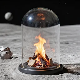 glass dome on the moon with campfire inside