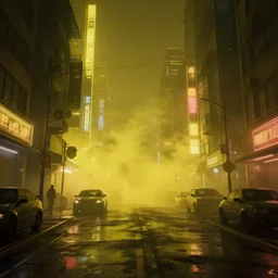 cyberpunk streets at night with thick yellow smog, hyperdetailed, hyperrealistic, cinematic lights, octane render, trending on artstation, artstationHD, artstationHQ, unreal engine, 8k