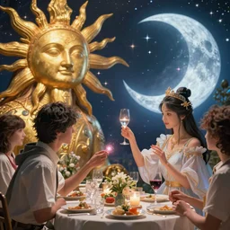 close up moment of a divine a sun god and a moon goddess lovers magician at a wedding banquet, highly detailed, d & d, fantasy, 4 k realistic, digital painting, trending on artstation, concept art, sharp focus, illustration, art by makoto shinkai and akihiko yoshida and daniel gerhartz