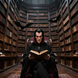 enormous library room, dracula sits reading a book, bats, franklin booth