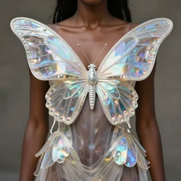 brown woman wearing a shiny butterfly armor. iridiscent. super detailed. layered. textured. award winning. dispersion of light. refracted lighting. soft. fragile. by ray caesar. by louise dahl - wolfe. by andrea kowch. by tom bagshaw. surreal photography
