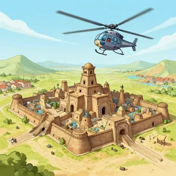 ancient city seen from helicopter drawn in cartoon style