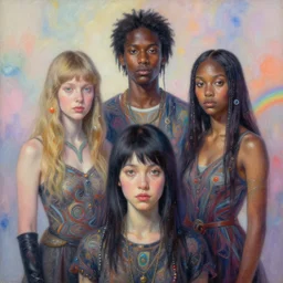 art by yoko d'holbachie feat naoto hattori, caitlin hacket and hannah yata featuring archan nair. visionary psychedelic fineart painting. gigapixel resolution. intricate detailed. beautiful dramatic cinematic. hyperrealistic render. dreamy blurry pastel aquarel background.