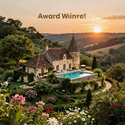 award winning photo, ultra detailed high quality, old house with swimmingpool on the hills in the dordogne in france, sunset. summer. highly detailed, trees and flowers, depth of field, beautiful landscape,
