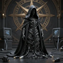 cinema 4 d matrix render, cult, computer black mass, crt sacrifice, coded humanoid, hooded robbed dark ceremony, ethernet cable, black mass, extremely detailed, insanely detailed and intricate, high detail, ordo templi orientis background, depth field, unreal engine, deep focus, movie still, dramatic lighting, by michal karcz and yoshitaka amano, 4 k concept art and hyper realism