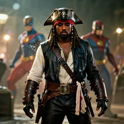 kanye west as a pirate in gears of war, superhero, splash art, movie still, cinematic lighting, ray tracing, octane render, long lens, shallow depth of field, bokeh, anamorphic lens flare, 8 k, hyper detailed, 3 5 mm film grain