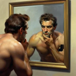 a man looking in a mirror, frank frazetta