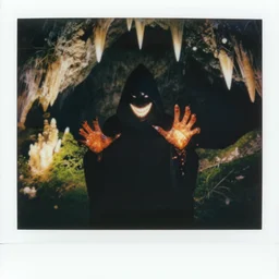 hyper - realistic polaroid photo of sinister hooded figure with a glowing gleaming smile talon like hands polydactyly spewing orange lava out of the palm in a cave with shining fluorescent cave moss and sharp stalagmites in the style of wayne d barlowe