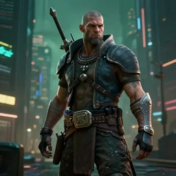 a barbarian in a cyberpunk city