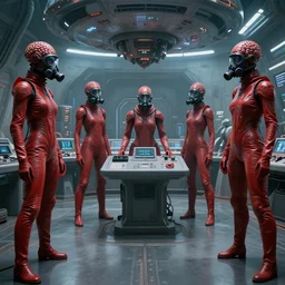 big budget scifi movie set in postapocalyptic world with female cyborg alien brainsuckers in red rubber and gas mask in control room of ufo