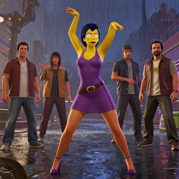 highly detailed a woman dancing in the rain revfrom the simpsons, in gta v, stephen bliss, unreal engine, fantasy art by greg rutkowski, loish, rhads, ferdinand knab, makoto shinkai and lois van baarle, ilya kuvshinov, rossdraws, tom bagshaw, global illumination, radiant light, detailed and intricate environment