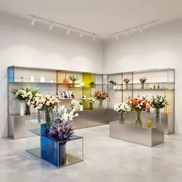 flower retail store, minimal, stainless steel and color glass, frame magazine, archidaily, robotic, contemporary art and sculpture for flower, trending on artstation, octane rendering
