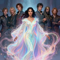 asymmetric portrait, medium shot, maya ali, wind sorcerer, gloomhaven, luminescent, fantasy robe, colorful swirly magic ripples, pastel colours, by greg manchess, huang guangjian, gil elvgren, sachin teng, greg rutkowski, jesper ejsing, ilya kuvshinov