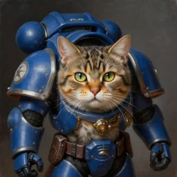 a portrait of a cat as a Space Marine from the Warhammer 40k, ultramarine space marine cat, glorious, cinematic, realistic lighting, masterpiece painting by Rembrandt