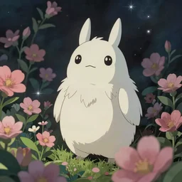 spirit creature in the flowers at night made by studio ghibli, beautiful scene, detailed, high quality, high details, smooth, 8 k, fantasy,