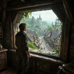 wet lush delicious view from standing inside the interior dingy wooden fort tower room window looking out at the bustling medieval town streets below atmospheric unreal engine hyperreallistic render 8 k concept art masterpiece screenshot from the video game bioshock infinite 2 7 0 0 k global illumination