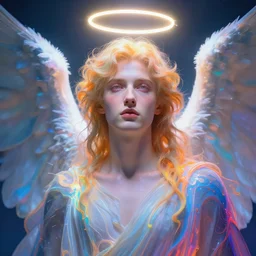 rembrandt shoulder level close up ethereal portrait of a beautiful force of the good light seraphim male futuristic angel with halo above head, volume lighting, concept art, by greg rutkowski!!, colorful, xray melting colors!! - g