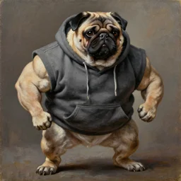 muscular oversized dog pug bodybuilder is wearing a hoodie , heavy texture victorian  natural oil painting , aggressive pose