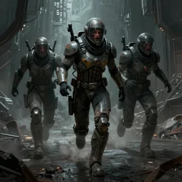 concept art by greg rutkowski, three people running dressed in futuristic riot gear, in a claustrophobic, futuristic and brutalist environment, frightening and creepy atmosphere, scifi, highly detailed portrait, digital painting, artstation, concept art, smooth, sharp foccus ilustration, artstation hq
