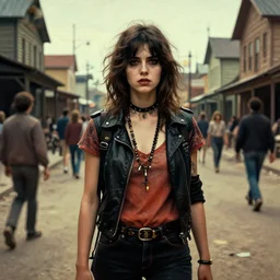 a young woman who may be a ghost, wearing punk clothing, standing on a busy street in a country town in the 1 9 7 0 s, seventies, dramatic lighting, painterly, offset printing technique, by alexandre cabanel