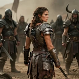 solo ancient tribewoman  standing against barbarians, in armor from monster hunter,back camera, muscular, dramatic lighting, cinematic, establishing shot, extremely high detail, photorealistic, 300 the movie,monster hunter the movie, dune the movie, cinematic lighting, artstation, octane render, western,old photo, vintage