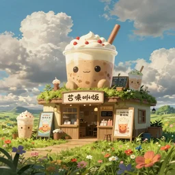 ghibli and style of a big cute milk tea inn with big milk - tea ads in the middle of grass ， colorful flowers ， sky and clouds ， unreal engine, hyper realism, realistic shading, cinematic composition, realistic render, octane render, detailed textures, photorealistic, wide shot