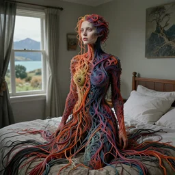 rgb, woman, inspired by zdzislaw beksinski, new zealand landscape, clothes made out of veins,, cables everywhere, bedroom, ultra realistic, concept art, intricate details, highly detailed, photorealistic, octane render, 8 k